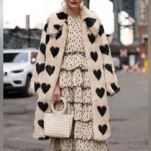 NEW Retail $ 168 All Hearts Patterned Faux Rabbit Fur Coat Midi Jacket - Picture 5 of 7